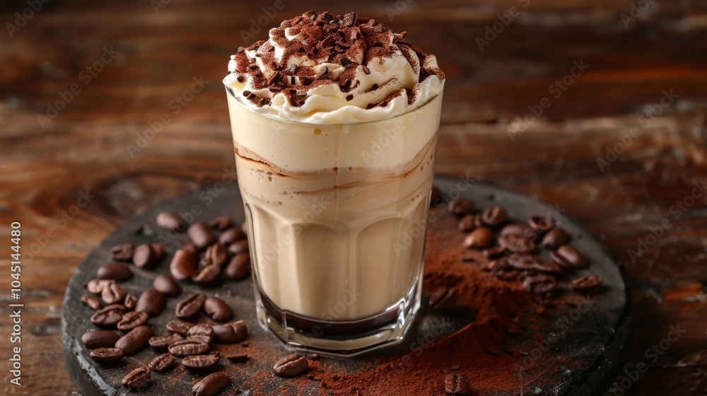 Iced Coffee with Whipped Cream and Chocolate Sprinkles Coffee Beans and Cocoa Powder on W Iced Coffee with Whipped Cream and Chocolate Sprinkles Coffee Beans and Cocoa Powder on W