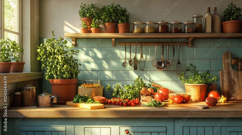 A kitchen with a countertop full of fresh vegetables and herbs. Created with generative AI. A kitchen with a countertop full of fresh vegetables and herbs. Created with generative AI.