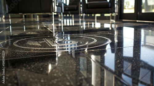 The glossy team logo is prominently displayed on the center of the rooms floor.