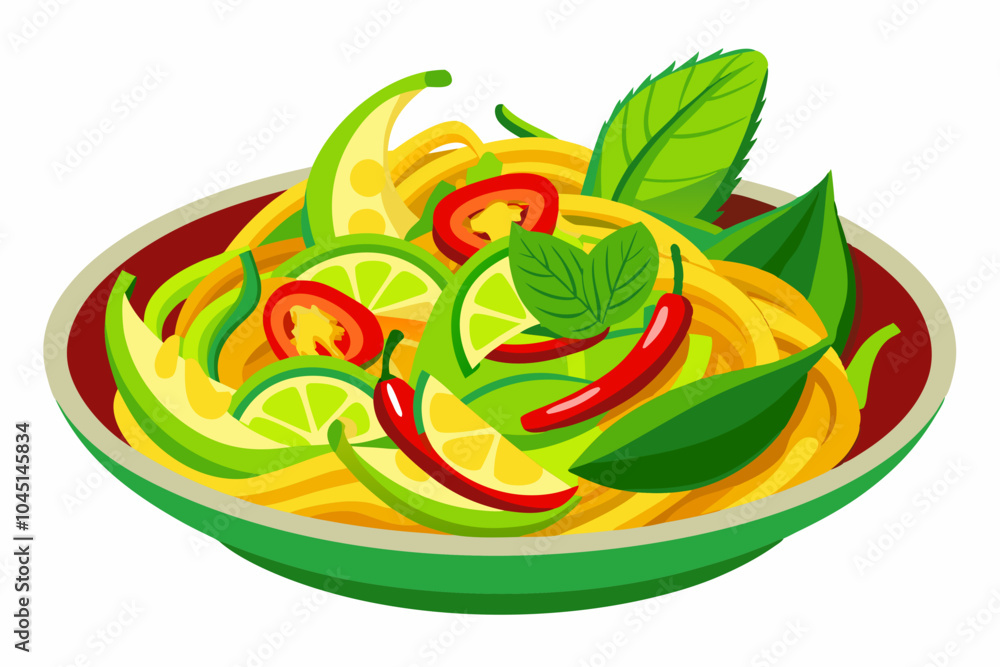 Naklejka premium A plate of pasta with a green plate of vegetables and a green plate with a lemon on it on a white background