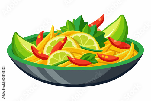 A plate of pasta with a green plate of vegetables and a green plate with a lemon on it on a white background