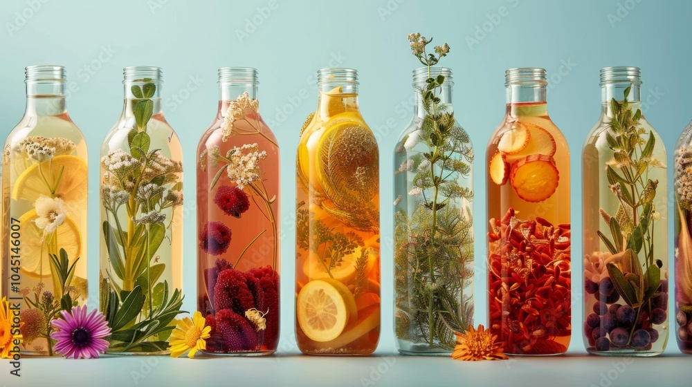 Colorful Infused Beverages with Flowers and Fruit in Glass Bottles