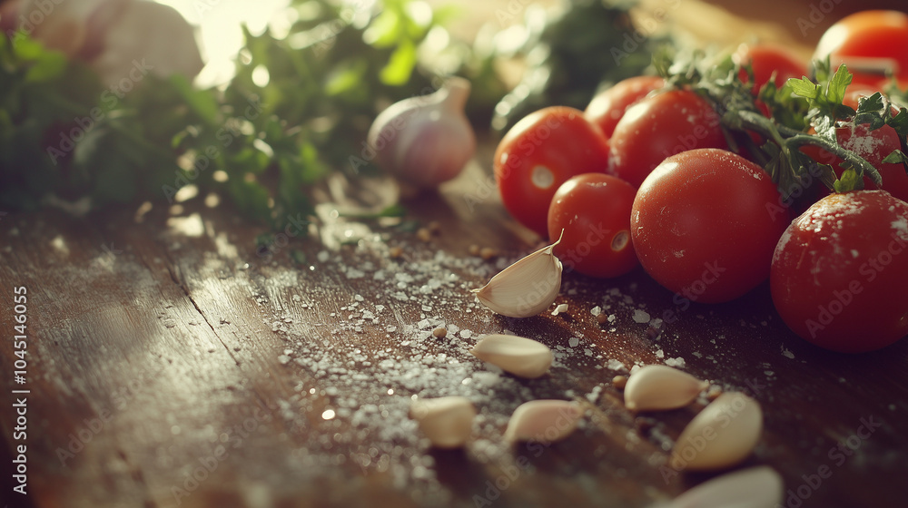 Vegetables and Garlic on a Wooden Table - Cozy Kitchen Scene Vegetables and Garlic on a Wooden Table - Cozy Kitchen Scene