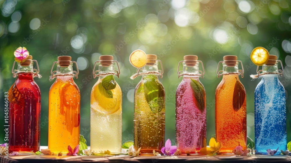 Colorful Sparkling Beverages in Glass Bottles with Lemon and Flowers Colorful Sparkling Beverages in Glass Bottles with Lemon and Flowers