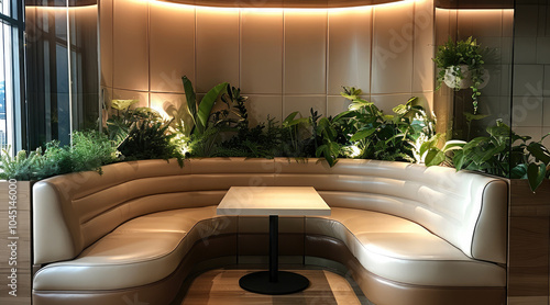 A curved leather booth with a glass partition above the seat back with flush lighting overhead and greenery planters at the end of glass panels. photo