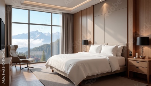 Cozy hotel room with mountain view and relaxing atmosphere, modern furniture