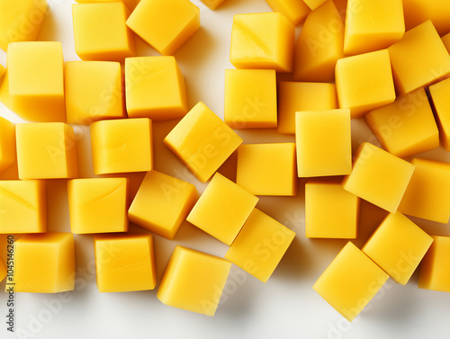 Sliced mango on white backdrop, fresh and colorful presentation