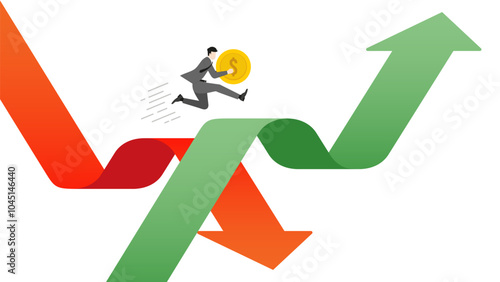 A businessman holds a coin and jumps from a slumped red arrow graph for average cost to a rising green arrow graph for increase investment. Profit, strategy, wealth, growth opportunities in financial