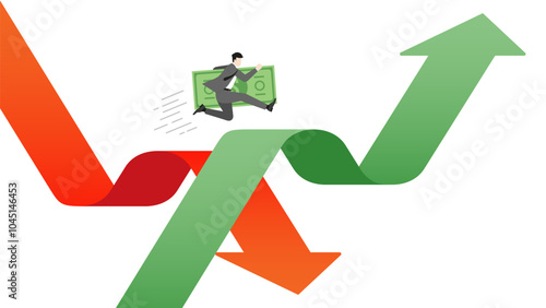 A businessman holds banknotes, jumps from a slumped red arrow graph for average cost to a rising green arrow graph for increase investment. Profit, strategy, wealth, growth opportunities in financial