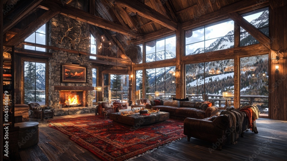 Cozy Cabin Living Room with Fireplace and Mountain View Cozy Cabin Living Room with Fireplace and Mountain View