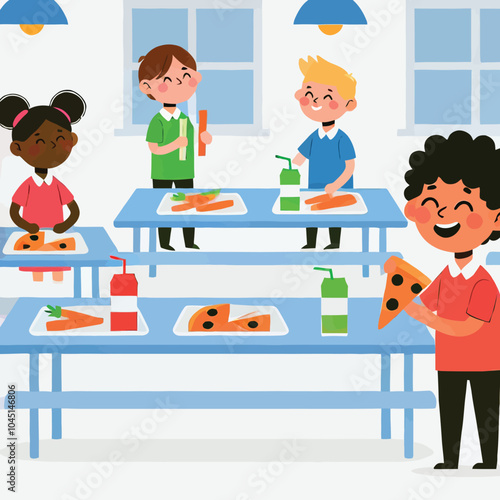 Cheerful school canteen children enjoying their meal