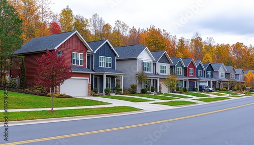 Colorful suburban houses lined along a quiet street in autumn