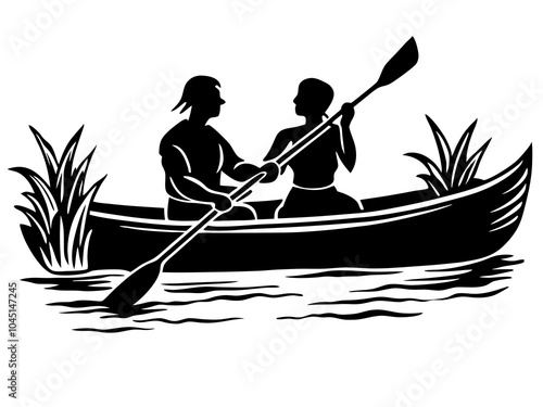 two people canoeing silhouette vector art