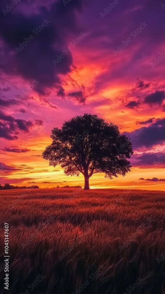 Lone tree standing in wheat field at sunset with dramatic sky Lone tree standing in wheat field at sunset with dramatic sky