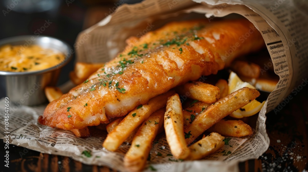 Crispy Fried Fish and Chips with Lemon and Parsley on Newspaper Crispy Fried Fish and Chips with Lemon and Parsley on Newspaper