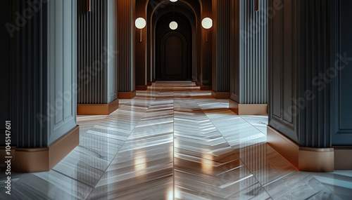 An architectural of a renovated hotel hallway in travertine, walnut chevron flooring and fluted wall panels and brass elements dark and moody. photo