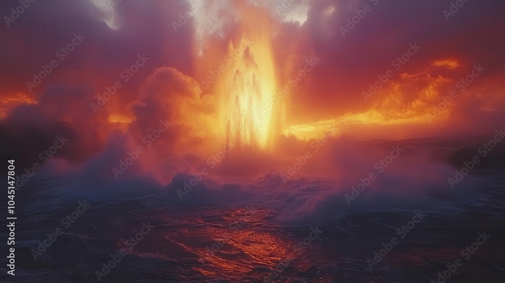 majestic geyser erupting in iceland at sunrise, surrounded by the breathtaking beauty of nature. the sky is painted with warm pinks and oranges, highlighting the power and awe of geothermal activity majestic geyser erupting in iceland at sunrise, surrounded by the breathtaking beauty of nature. the sky is painted with warm pinks and oranges, highlighting the power and awe of geothermal activity