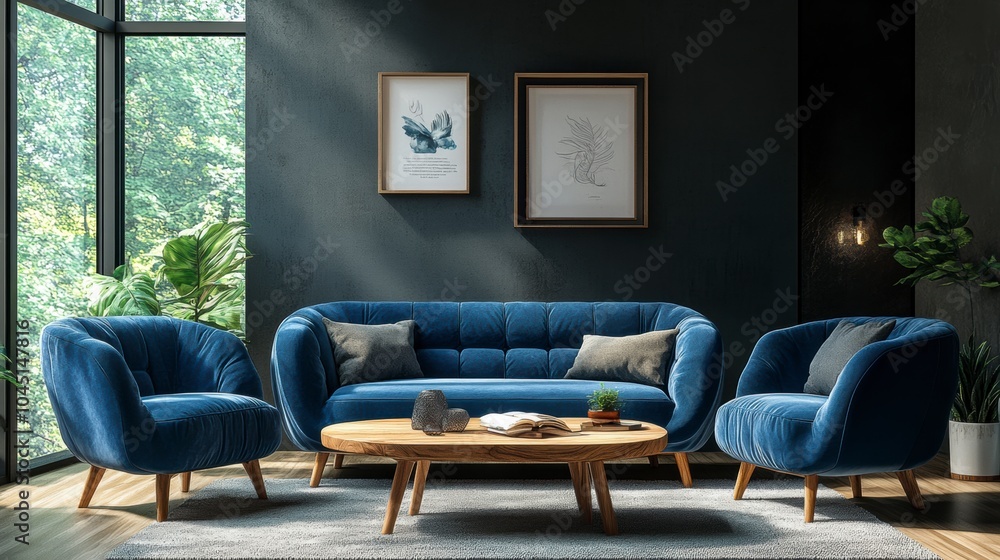 Obraz premium living room interior design with blue sofa and armchair near the window, Scandinavian home decoration concept.