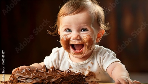 A baby eating chocolate cake with his face and hands covered in chocolate cream