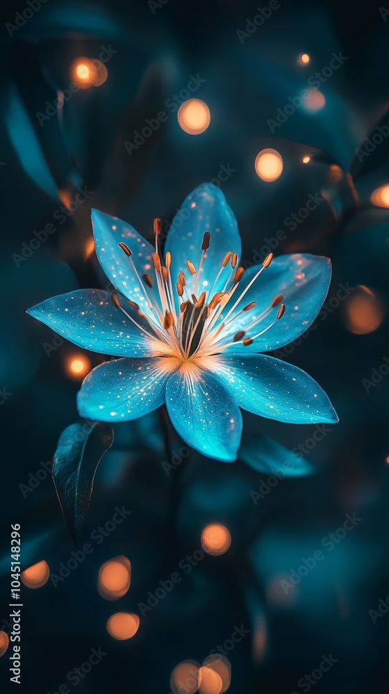 Blue flower blooming at night with lights in background Blue flower blooming at night with lights in background