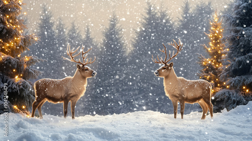 Two majestic reindeer stand in a snowy winter forest, surrounded by snow-covered trees adorned with warm fairy lights. A magical Christmas scene capturing holiday spirit