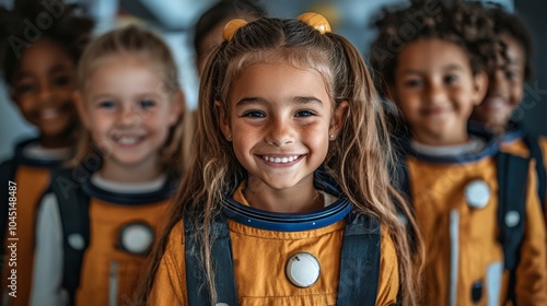 Smiling Girl in Astronaut Costume with Friends  Kids  Space Exploration  Future  STEM Educ photo