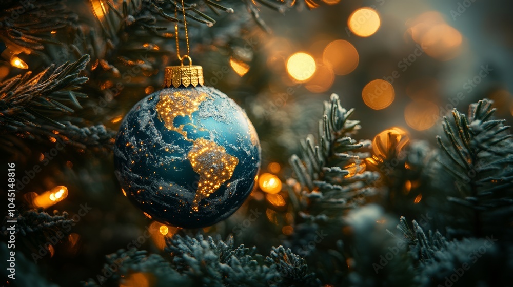 Christmas ornament showing earth hanging from christmas tree branch Christmas ornament showing earth hanging from christmas tree branch