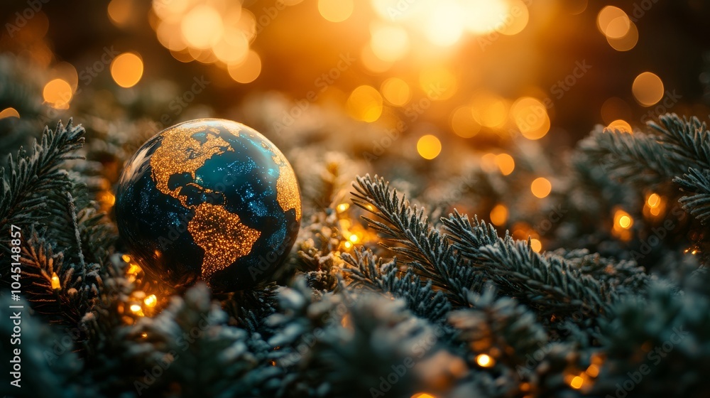 Christmas ornament shaped like earth sitting on pine branches with christmas lights Christmas ornament shaped like earth sitting on pine branches with christmas lights