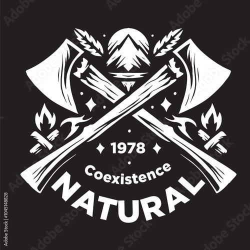 Vintage illustration of axe logo with nature
