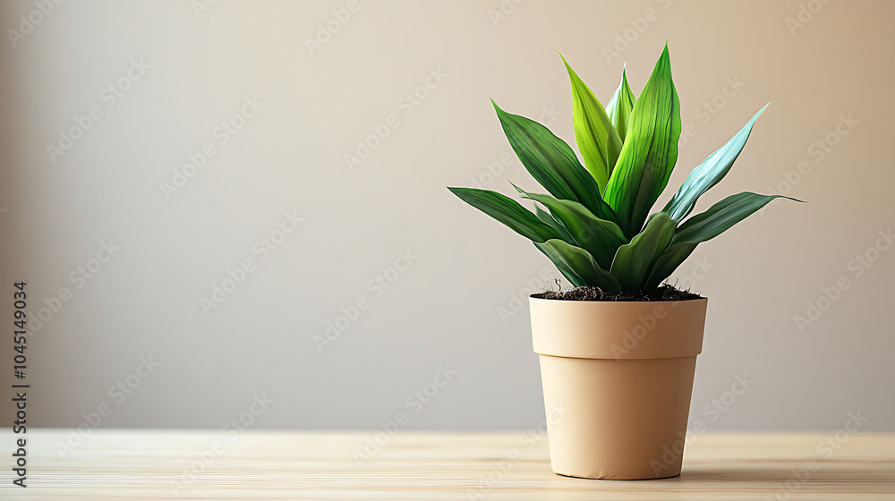 A vibrant green plant in simple beige pot adds touch of nature to any space, creating calming atmosphere. Perfect for home or office decor A vibrant green plant in simple beige pot adds touch of nature to any space, creating calming atmosphere. Perfect for home or office decor