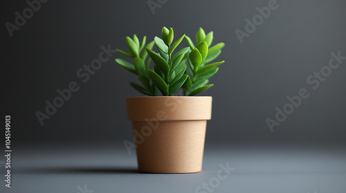 A small green plant in beige pot adds touch of nature to any space, creating calming atmosphere. Perfect for home or office decor, it enhances environment beautifully