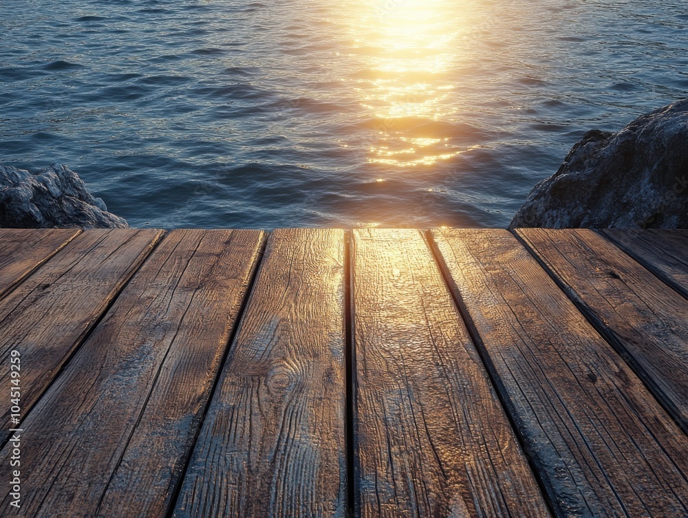 Fototapeta premium Wooden deck overlooking the ocean at sunset