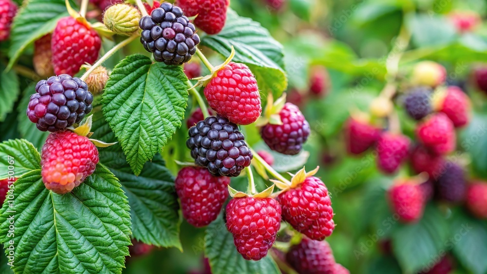 Extreme close-up of black red raspberry berry bush in garden Extreme close-up of black red raspberry berry bush in garden