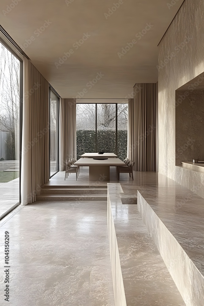 Obraz premium Modern minimalist interior with large windows and a serene atmosphere.