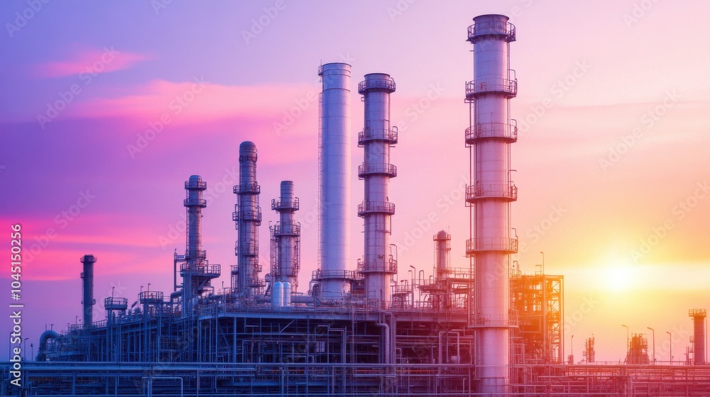Fototapeta premium Industrial Oil Refinery at Dawn with First Rays of Light