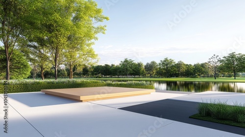 Modern Terrace with Wooden Platform and Pond View