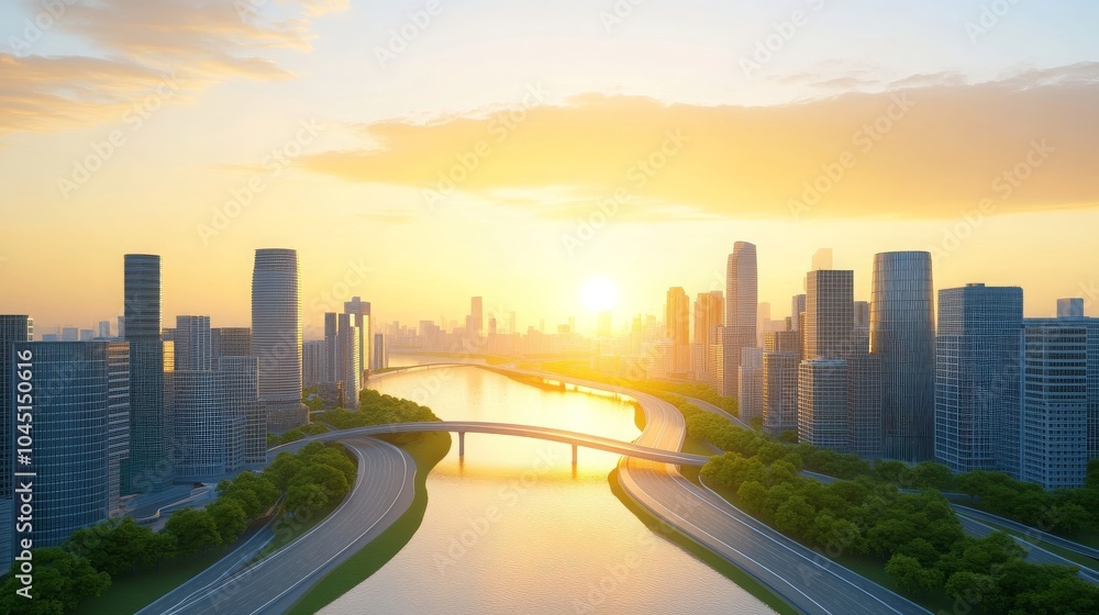 Fototapeta premium Cityscape Sunrise Overpass River Modern Architecture