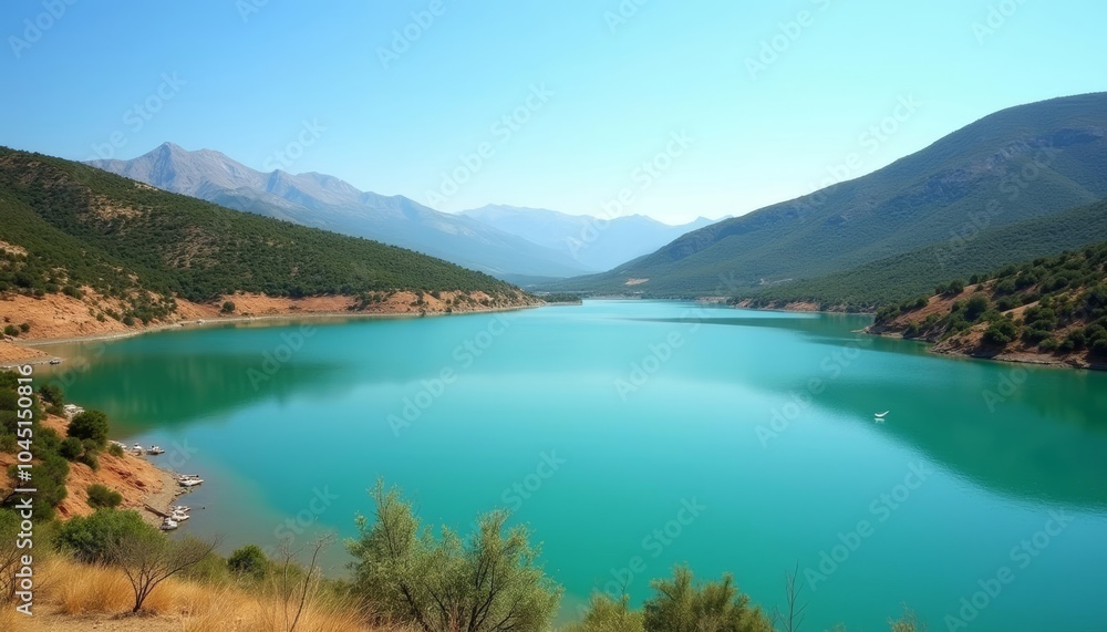 Fototapeta premium Tranquil mountain lake under clear blue sky
