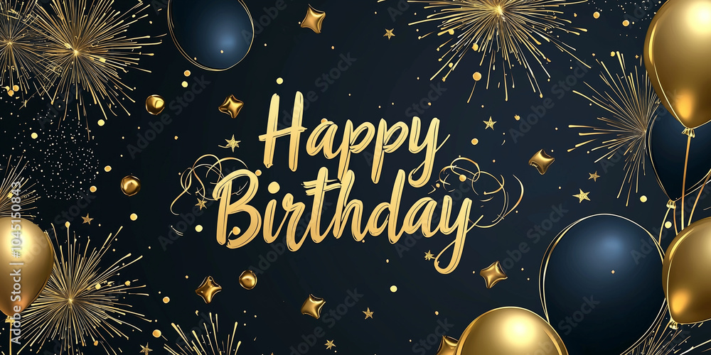 Naklejka premium Happy Birthday lettering with golden confetti on black background