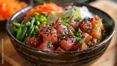 Delicious Poke Bowl with Salmon Avocado and Sesame Seeds