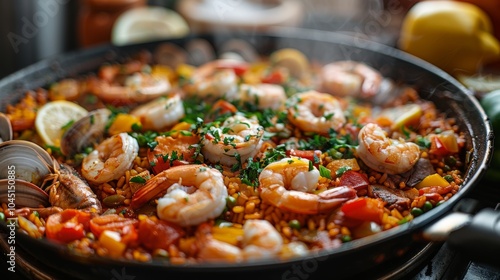 Delicious Spanish Paella with Shrimp Clams and Vegetables