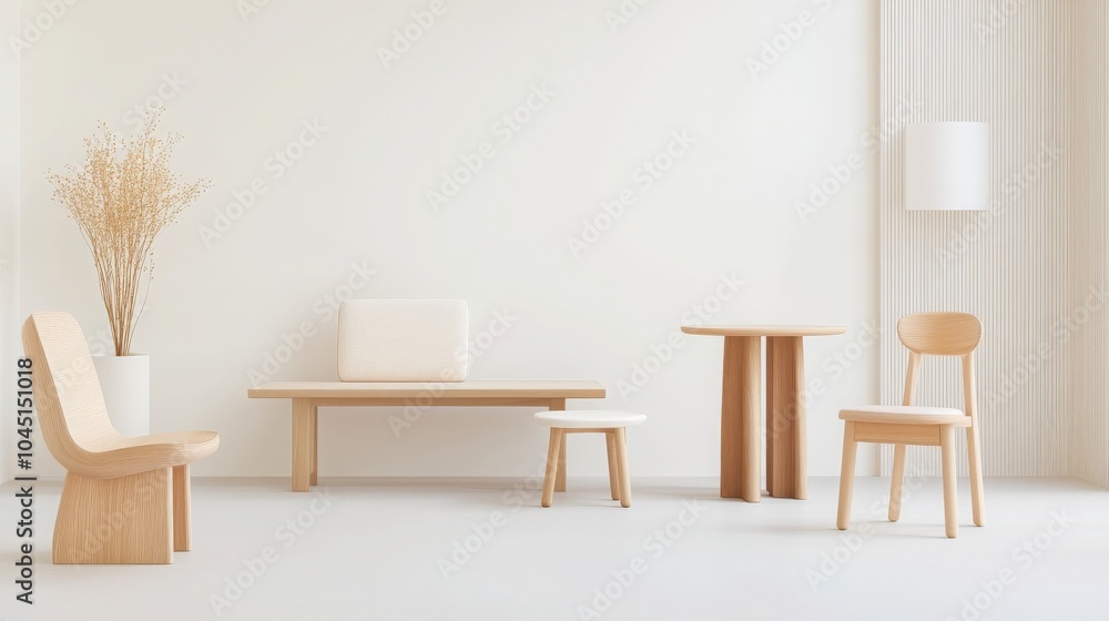 Minimalist Living Room Interior Design with Wooden Furniture and White Wall Minimalist Living Room Interior Design with Wooden Furniture and White Wall