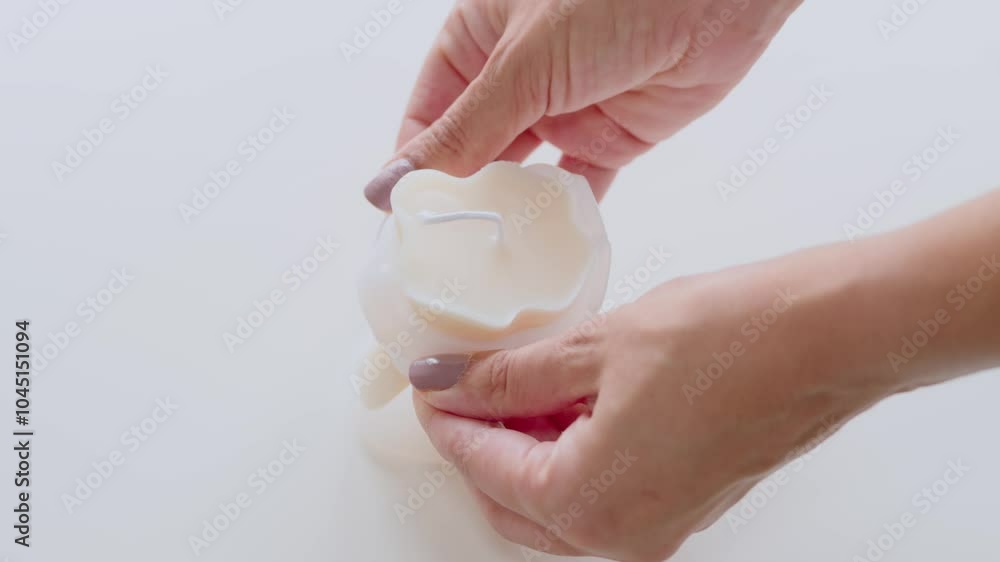 Close-up of hands shaping a handmade candle from soft wax, demonstrating creativity and craftsmanship in candle making. The soothing process showcases artistic skills and DIY passion. Close-up of hands shaping a handmade candle from soft wax, demonstrating creativity and craftsmanship in candle making. The soothing process showcases artistic skills and DIY passion.