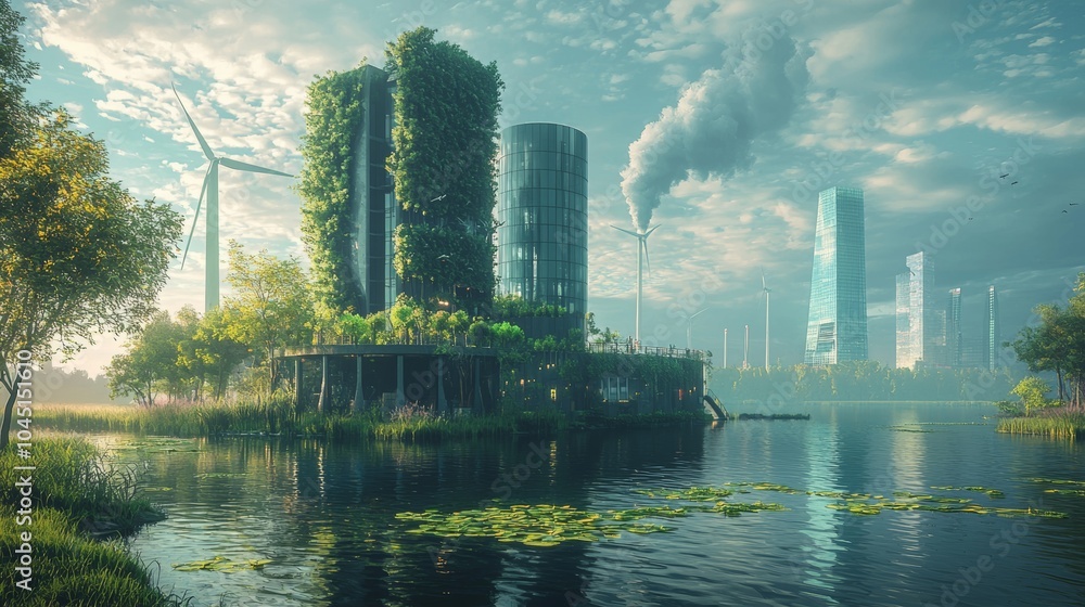 Futuristic Eco Friendly Cityscape with Green Buildings and Wind Turbines Futuristic Eco Friendly Cityscape with Green Buildings and Wind Turbines