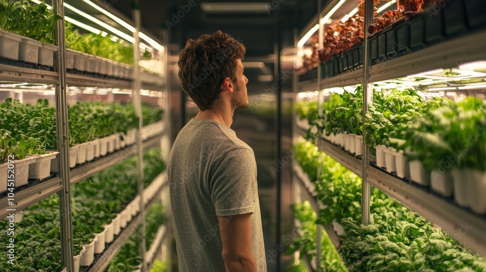 Man Admiring Hydroponic Greens in Indoor Farm Man Admiring Hydroponic Greens in Indoor Farm