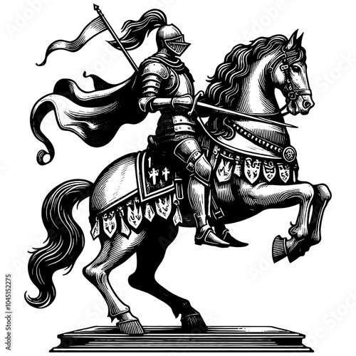 medieval knight in full armor riding a rearing horse, showcasing intricate, vintage engraving details sketch engraving generative ai PNG illustration. Scratch board imitation. Black and white image