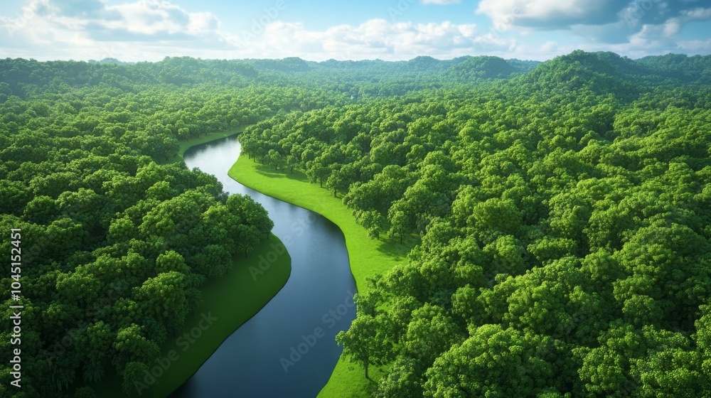 Aerial View of Winding River Through Lush Green Forest Aerial View of Winding River Through Lush Green Forest