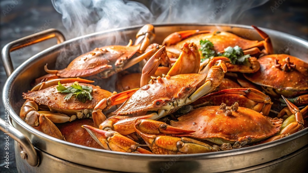 Extreme close-up of crabs in steam pot covered in seasonings Extreme close-up of crabs in steam pot covered in seasonings