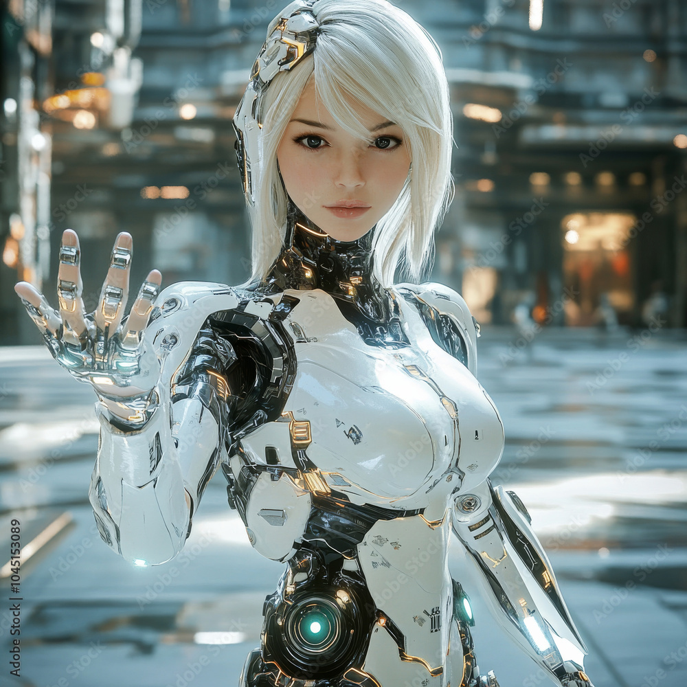 Android Exoskeleton **photo of a rendering of a cyborg, sensual android female with robotic ...