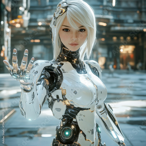 **photo of a rendering of a cyborg, sensual android female with robotic body and white ceramic exoskeleton with circuits and mechanisms. Sci-fi 3d rendering of an AI humanoid robot , he shows the dire